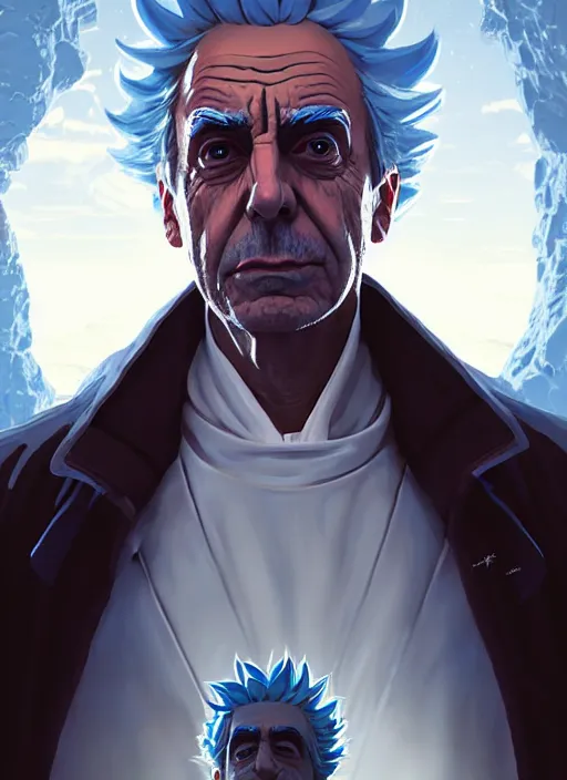 Image similar to rick sanchez portrait wearing a white lab coat. highly detailed. digital painting. smooth. alien planet background. art by greg rutkowski