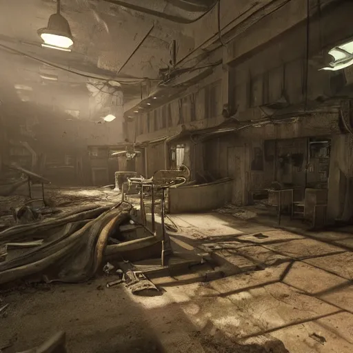 Image similar to fallout concept art vault interior render grim realistic lighting unreal engine 5