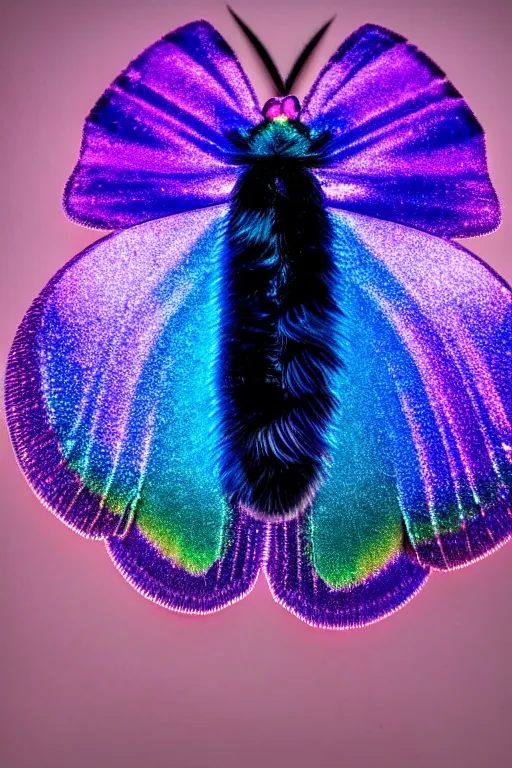 Image similar to high quality macro photo gothic furry iridescent moth! jewelled gorgeous! highly detailed david ligare elson peter cinematic blue neon lighting high quality low angle hd 8k sharp shallow depth of field