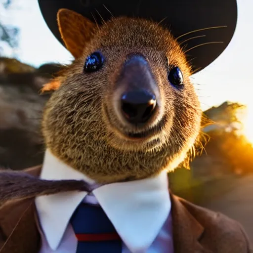 Image similar to happy quokka wearing a suit and a hat, taking a selfie, golden hour, realistic