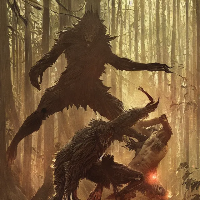 Image similar to a male werewolf with long claws fighting a young fit male vampire in a dark forest at night, by greg rutkowski and alphonse mucha, gradient brown to red, highly detailed, digital painting, artstation, concept art, smooth, sharp focus illustration