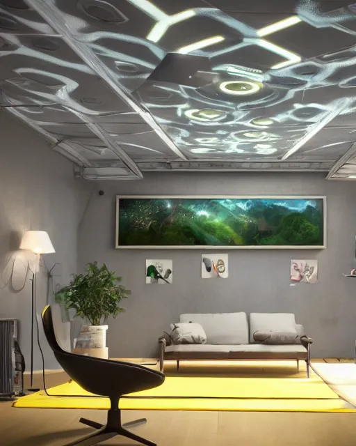 Image similar to artstation scifi scene of a safe room as ikea ad, lounge furniture, sky mural on the room ceiling, holographic nature art walls, large terrarium, paneled walls, unreal engine 5, hyper realism, realistic shading, cinematic composition, blender render, octane render, hdr, detailed textures, photorealistic, wide shot