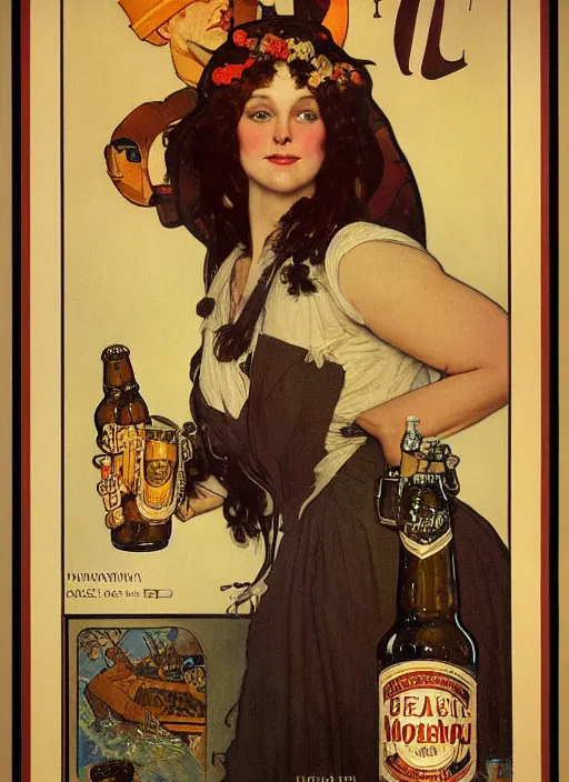 Prompt: beer advertisement by mucha, norman rockwell extremely coherent, sharp focus, elegant, render, octane, detailed, award winning photography, masterpiece, rim lit