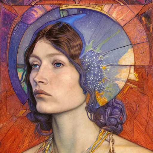 Image similar to queen of the moon with stars in her hair, by annie swynnerton and tino rodriguez and donato giancola and diego rivera and nicholas roerich and jean delville and charlie bowater and dulac, dramatic lighting, god rays, geometric tattoos, rich colors, smooth sharp focus, extremely detailed, leo and diane dillon, adolf wolfli