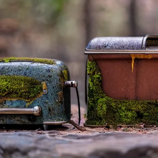 Prompt: an ancient toaster covered in detritus rust and moss after spending a century on abandoned earth