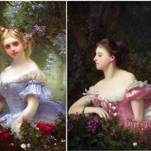 Image similar to Alice in Wonderland,a portrait of a beautiful Silver hair girl,Diamonds Blaze,Rose twining,luxuriant,dreamy, eternity, romantic,highly detailed,in the style of Franz Xaver Winterhalter, highly detailed,night lighting