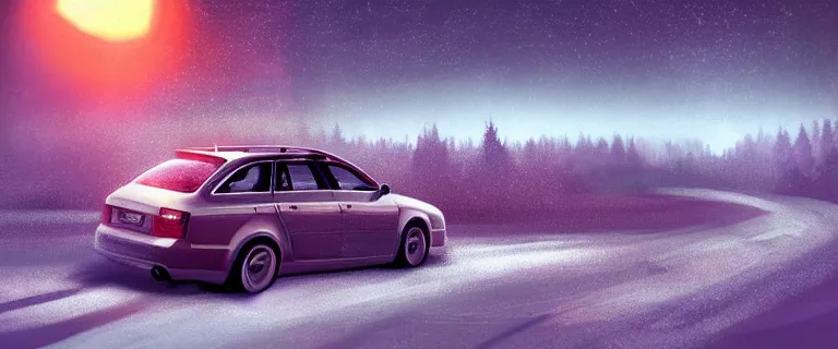 Image similar to Audi A4 B6 Avant (2002), a gritty neo-noir, dramatic bright lighting, cinematic, establishing shot, extremely high detail, photorealistic, cinematic lighting, artstation, by simon stalenhag, Snowy mountain road, At night