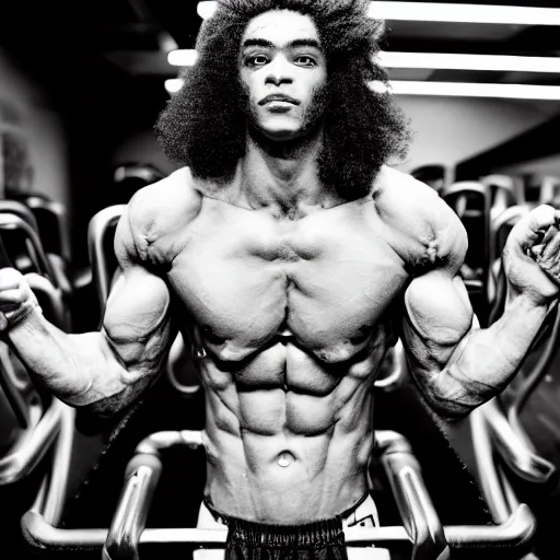 Image similar to candid photo of Cosmic Goku at Planet Fitness by Annie Leibowitz, photorealisitc, extremely detailed