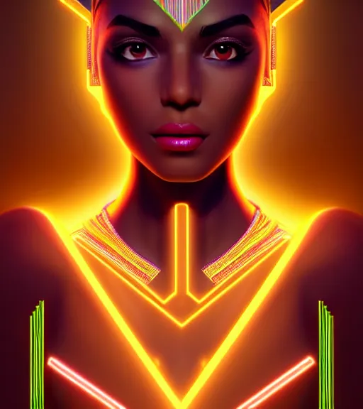 Image similar to symmetry!! egyptian princess of technology, solid cube of light, hard edges, product render retro - futuristic poster scifi, lasers and neon circuits, brown skin gorgeous egyptian princess, intricate, elegant, highly detailed, digital painting, artstation, concept art, smooth, sharp focus, illustration, dreamlike, art by artgerm