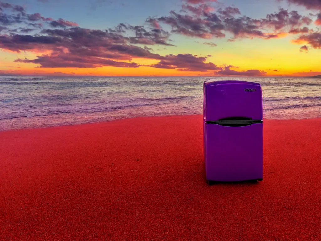 Image similar to purple refrigerator, red sand beach, green ocean, nebula sunset