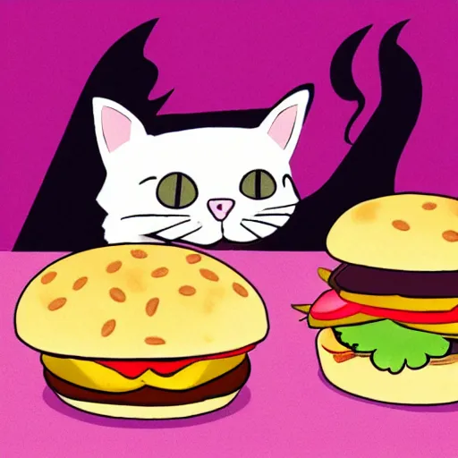 Image similar to a pink cat eating a hamburger