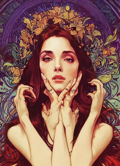 Image similar to Pretty woman, 1967 psychedelic portrait art by artgerm and greg rutkowski and alphonse mucha