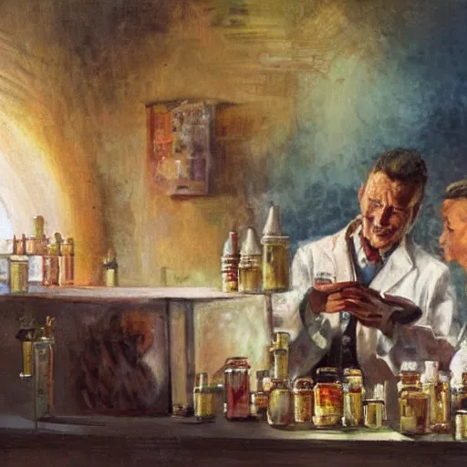 Prompt: chemists in white coats are eating a giant roll, finnian macmanus