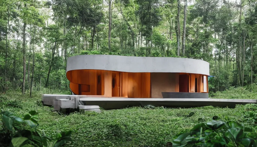 Image similar to A wide image of a full innovative contemporary 3D printed prefab sea ranch style cabin with rounded corners and angles, beveled edges, made of cement and concrete, organic architecture, in a lush green forest Designed by Gucci, Balenciaga, and Wes Anderson, golden hour