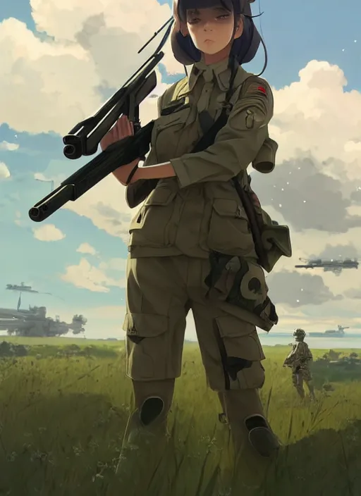 Image similar to portrait of cute soldier girl shooting rifle, cloudy sky background lush landscape illustration concept art anime key visual trending pixiv fanbox by wlop and greg rutkowski and makoto shinkai and studio ghibli and kyoto animation soldier clothing military gear realistic anatomy mechanized