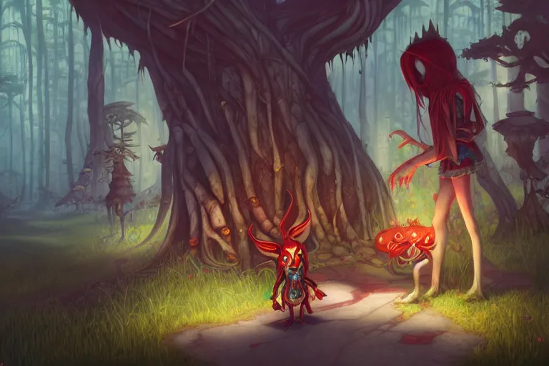 Image similar to forest, american mcgee's alice, sharp focus, artstation, trending, by julie dillon, luis melo, tyler miles lockett, lei jin, hong lei, ken wong, adam narozanski, joy ang