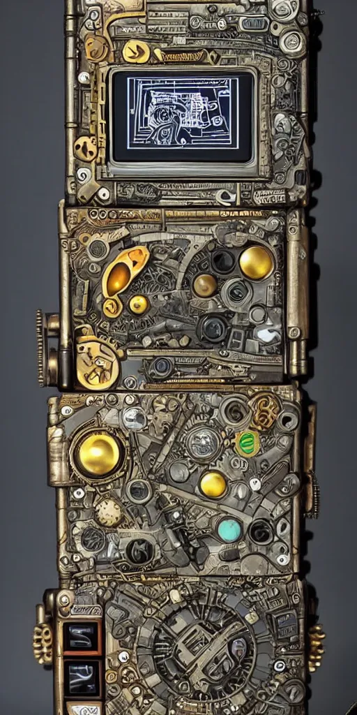 Image similar to an extremely complex and advanced steampunk gameboy