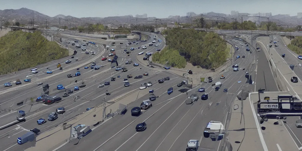 Prompt: a detailed color photograph of a musician's portable recording studio in the median strip of a california freeway with traffic passing by in both directions, trending on artstation, hyperrealism