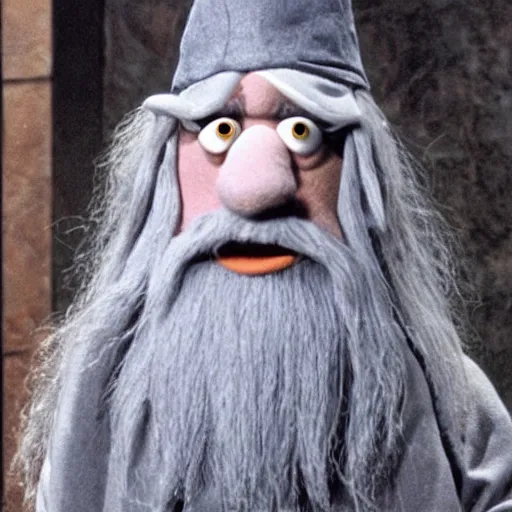 Prompt: A still of Gandalf the Grey as a muppet, wearing a grey, patched wizard's hat, realistic photo