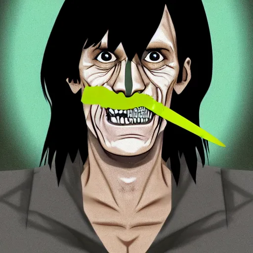 Image similar to Murdoc is based on Keith Richards of The Rolling Stones.sickly green colored skin, and yellow colored eyes, with a red pupil in his right eye. He also has a misshapen nose and sharp yellow teeth and a large grin. He has a black mop top that covers a portion of his face and hides his eyebrows, wearing a grey or black sweater and grey or blue jeans with cuban heel boots and an inverted cross necklace. He sometimes wears a purple and red cape