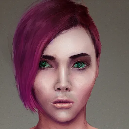 Image similar to portrait of a young woman with short pink spiky hair and dark eyes, 8 k, digital paint