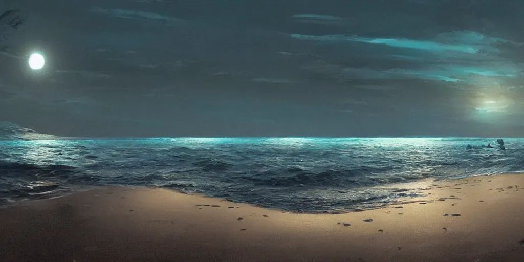 Prompt: bioluminescent ocean with pristine beach by night, greg rutkowski, 8 k, shallow depth of field, intricate detail, concept art,