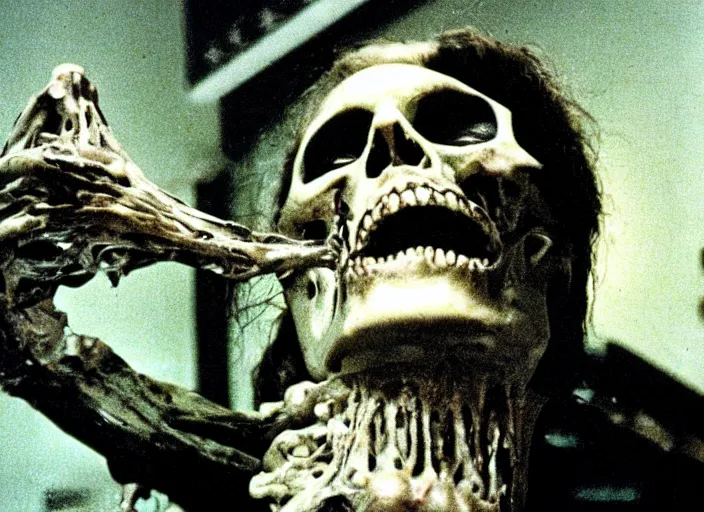 Prompt: disturbing vhs cam portrait of a skull smiling crooked teeth blood horror practical fx by david cronenberg 1 9 7 0