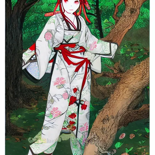 Image similar to a kitsune shrine maiden leaning against a sakura tree, highly detailed D&D character illustration