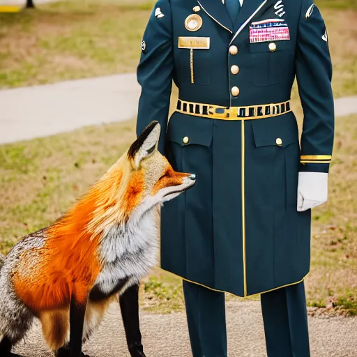 Image similar to a Fox dressed in a modern American general uniform, 85mm f/1.4