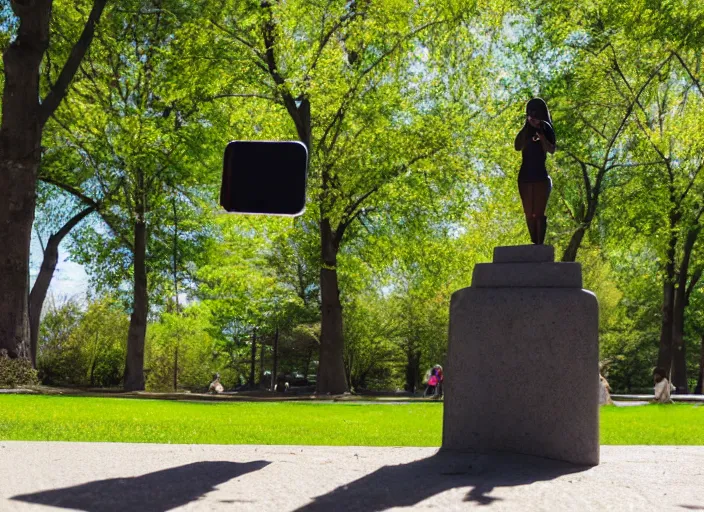 Image similar to photo still of a bronze statue of a woman using an iphone to take a selfie in a park on a bright sunny day, 8 k 8 5 mm f 1 6