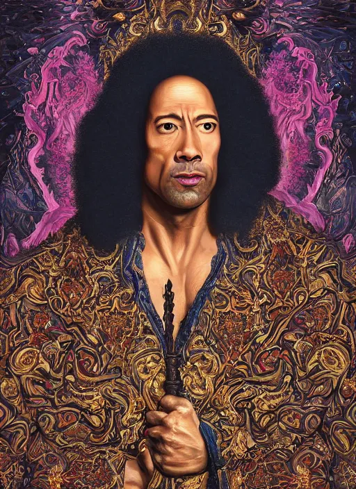 Prompt: beautiful baroque oil painting, full length portrait of Dwayne the rock Johnson as Louis xiv in coronation robes 1701, Dan Mumford, Dan Mumford, Alex grey, Alex grey, highly detailed , lsd visuals, dmt fractal patterns, hallucinogen, visionary art, psychedelic art, ornate, vaporwave