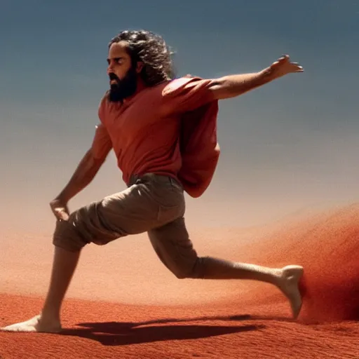 Prompt: cinematic still of a gust of wind blowing red clay into the shape of a 30 year old middle eastern man emerging waist up out of the red clay, strong, muscular, mysterious, fantastical, miraculous, epic, light rays, cinematic, Biblical epic directed by Steven Spielberg