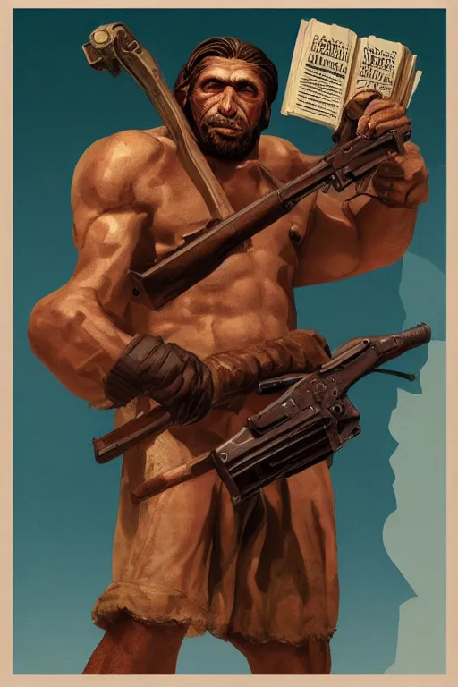 Image similar to saint homo neanderthalis, portrait, propaganda poster, with book of science on his right hand, and riffle, violet polsangi pop art, gta chinatown wars art style, bioshock infinite art style, incrinate, realistic anatomy, hyperrealistic, two colors, white frame border, 4 k, uhd, remove duplicate content.