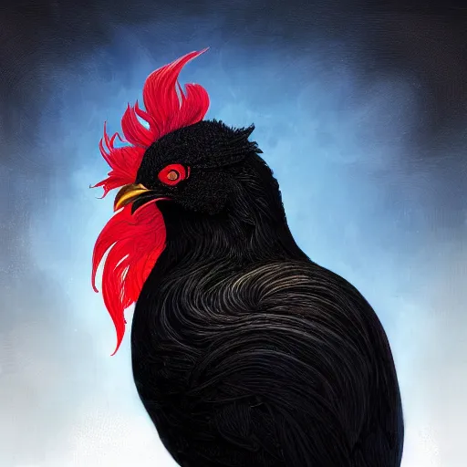 Image similar to Portrait of a Black Chicken in space, fire red comb, dark fantasy, intricate, elegant, highly detailed, digital painting, artstation, concept art, smooth, sharp focus, illustration, art by Sam Youn and Fernanda Suarez and Artem Demura and alphonse mucha