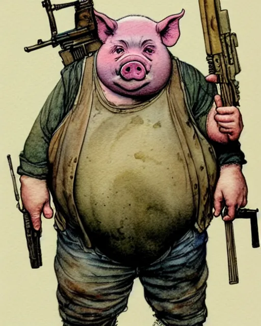 Prompt: a realistic and atmospheric watercolour fantasy character concept art portrait of a fat adorable dirty chibi pig wearing a wife beater and holding a rifle, by rebecca guay, michael kaluta, charles vess and jean moebius giraud