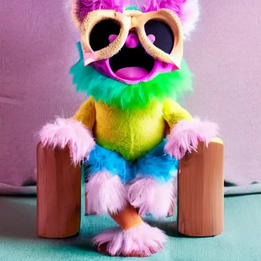 Image similar to an adorable fluffy furby muppet plush character with big gremlin ears and funfetti cake coloring wearing a little clown outfit and sitting on a wooden chair