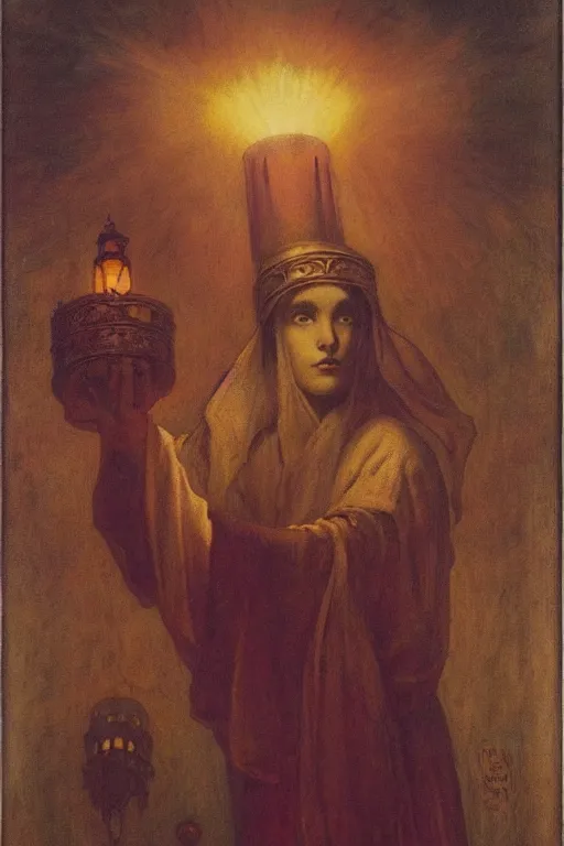 Image similar to queen of the fog with her lantern by Annie Swynnerton and Nicholas Roerich and jean delville, strong dramatic cinematic lighting , ornate headdress , lost civilizations, smooth, sharp focus, extremely detailed