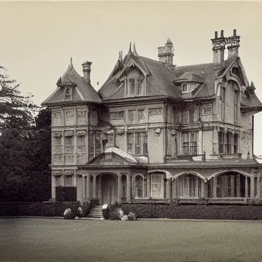 Prompt: edwardian photograph of a huge mansion, in the countryside, grainy, 1 9 1 0 s, 1 9 2 0 s, blurry, victorian, detailed