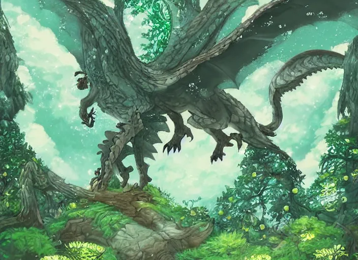 Prompt: Ancient magical forest with a flying a dragon, studio Ghibli style, highly detailed
