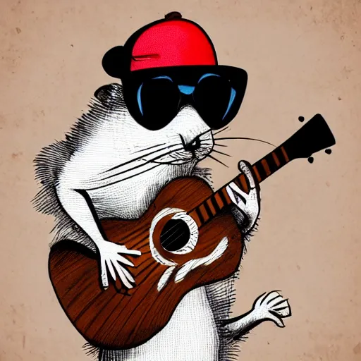 Prompt: a rat wearing a hat and sunglasses, playing the guitar