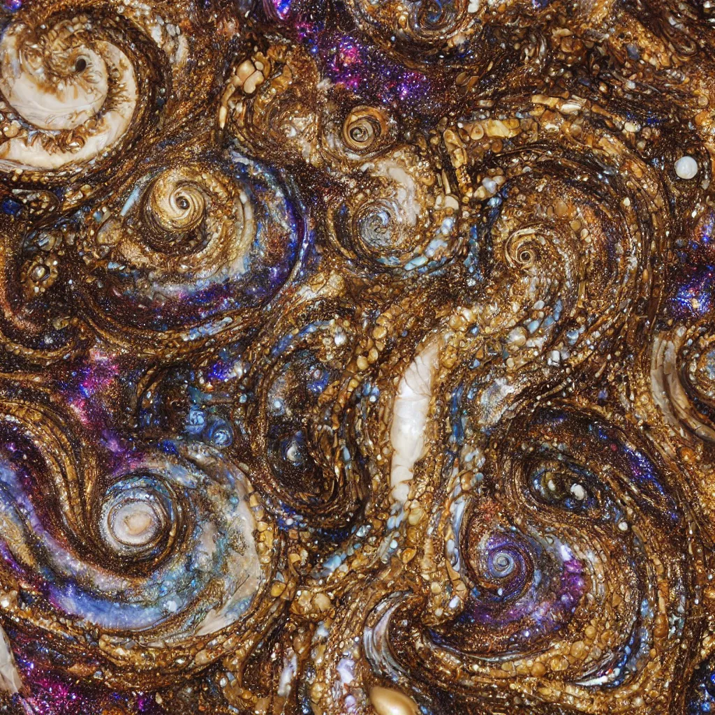 Image similar to fractured galaxy spiral seashells, cyclone seahorse ivory sculpture, detailed fractal patterns, macrophotography, ochre and umber powders, encrusted with dark opals and gold, hyper realistic intricate and complex, fine art photography, trending