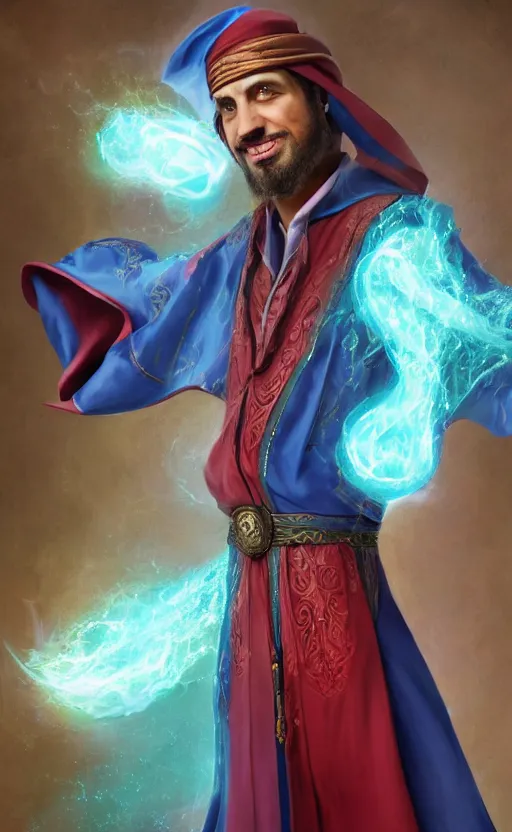 Image similar to a charming sorcerer tailor of middle - eastern descent, dressed in fine colorful robes and sporting a goatee, smirking, fantasy digital painting by barret frymire by artem priakhin, high resolution 4 k