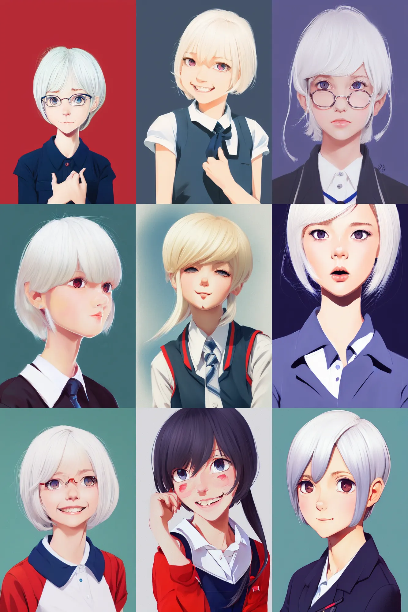 Image similar to a headshot of a very happy cute girl with shoulder - length white hair wearing school uniform, sharp focus, illustration, morandi color scheme, art station, high detailed, by ilya kuvshinov