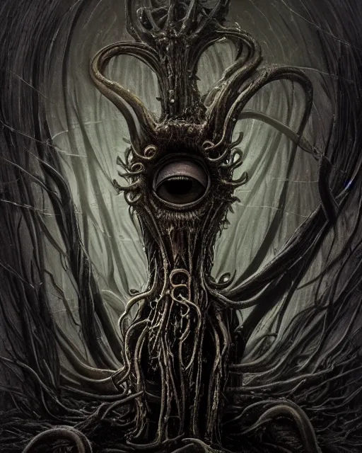 Image similar to gruesome creature with long tentacles and many eyes, endless eye, glowing eyes, too many eyes, midnight fog - mist!, dark oil painting colors, realism, cinematic lighting, various refining methods, micro macro autofocus, ultra definition, award winning photo, photograph by ghostwave - gammell - giger - shadowlord