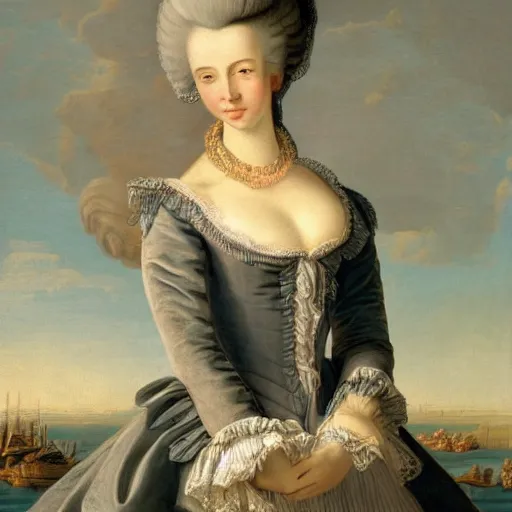 Image similar to portrait, Marie Antoinette flying over the sea. high detail, great lighting, 8k resolution, masterpiece, concept art, illustration