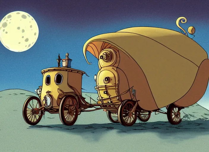 Prompt: a cell shaded cartoon of a lovecraftian snail stage coach from howl's moving castle ( 2 0 0 4 ), on a desert road, in front of a pale full moon, full body, wide shot, very dull muted colors, studio ghibli, highly detailed, deviantart, art by artgem
