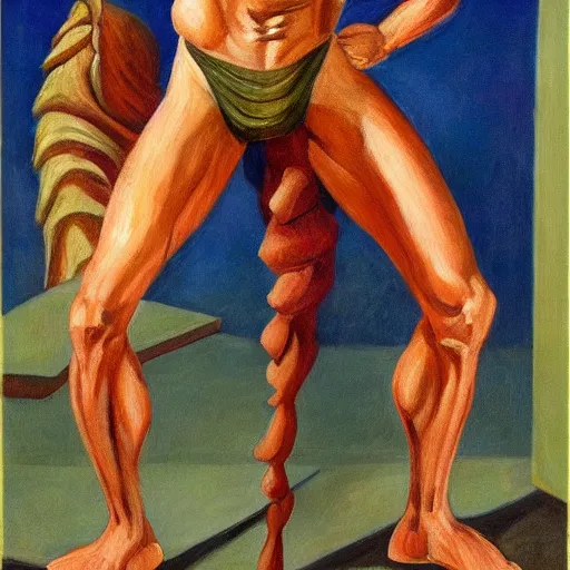 Image similar to nicolas cage as triumphant sweaty muscular centaur with a halo, dystopian, pj crook, edward hopper, oil on canvas