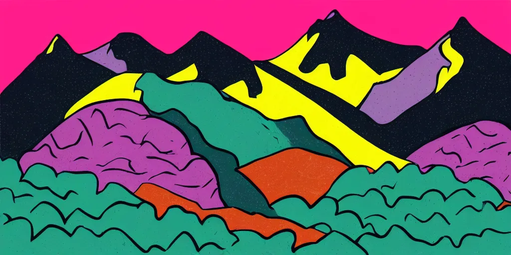 Image similar to pop art illustration of a mountainscape at day