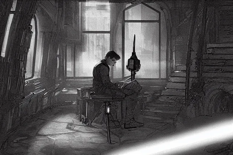 Prompt: anakin skywalker building his lightsaber in the Jedi library in the jedi temple on coruscant, beautiful concept art, amazing composition