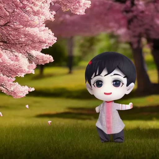 Image similar to cute fumo plush of a boy in the middle of a cherry blossom grove in bloom, kimono, particle simulation, vray